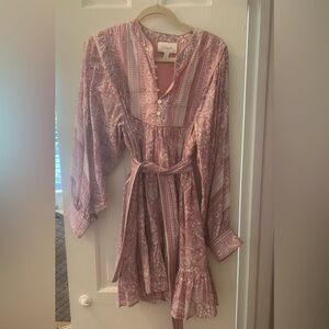 Cleobella Long-Sleeved Pink Block-Print Mini Dress